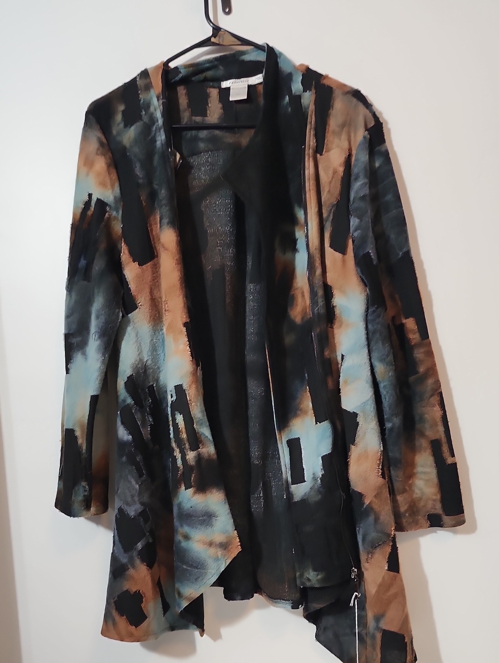 Artisan Abstract Open-Front Women's Jacket - Black, Blue & Tan